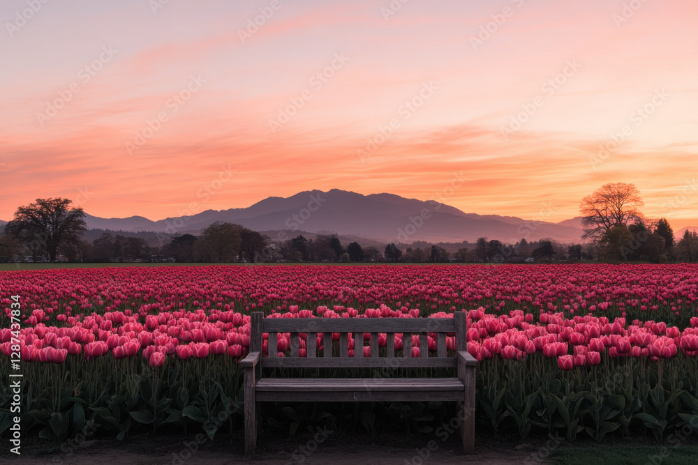 Fototapeta premium A wooden bench sits in a field of red tulips