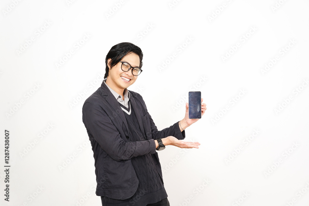 Smiling face Holding Smartphone and Presenting blank screen for copy space Of Handsome Asian Man Isolated On White Background Smiling face Holding Smartphone and Presenting blank screen for copy space Of Handsome Asian Man Isolated On White Background