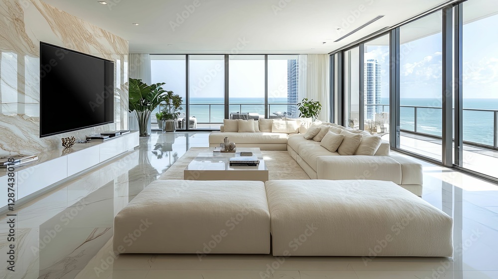 Fototapeta premium Modern Coastal Living Room With Ocean View