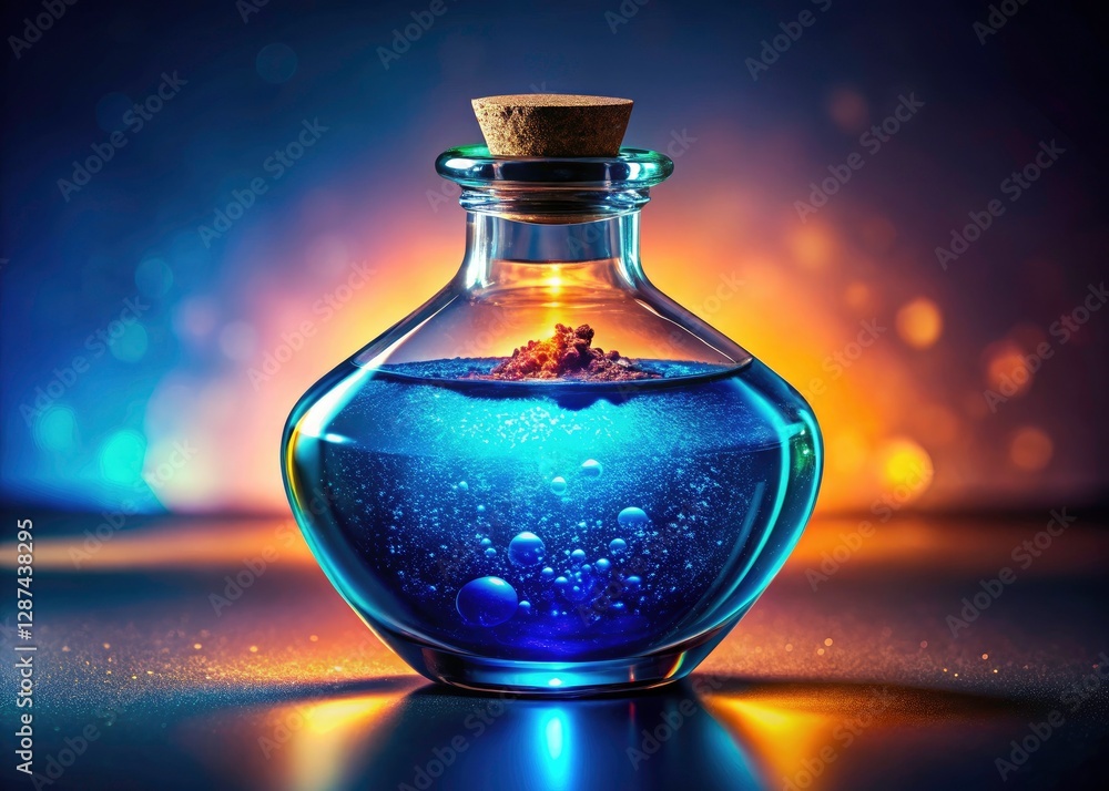 AI Generated Macro Photo: Blue Potion in Glass Bottle - Magic Liquid, Fantasy, Alchemy, Elixir, Mystical, Chemical, Science Fiction AI Generated Macro Photo: Blue Potion in Glass Bottle - Magic Liquid, Fantasy, Alchemy, Elixir, Mystical, Chemical, Science Fiction