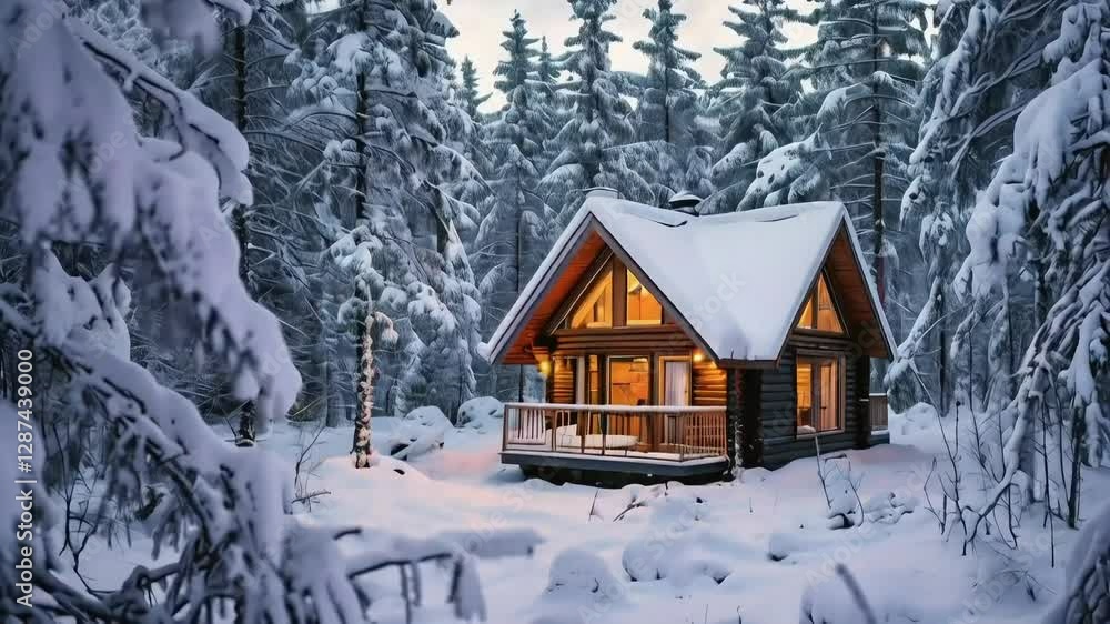 Cozy cabin glowing in snowy winter forest at dusk Cozy cabin glowing in snowy winter forest at dusk