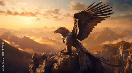 A majestic griffin stands atop a mountain, wings outstretched, at sunset.