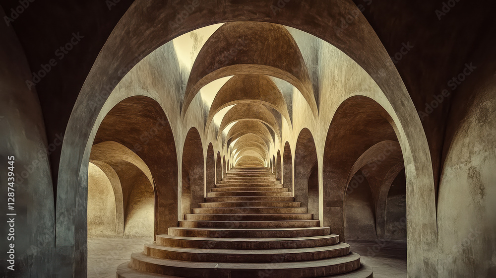 Obraz premium A grand architectural structure with interconnected staircases and repeating arch patterns, precise geometric design, warm earthy tones