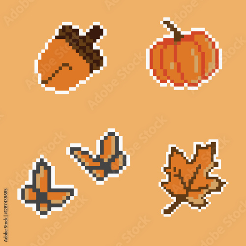 Autumn Pixel Art Icons - Acorn, Pumpkin, Leaves, and Butterflies