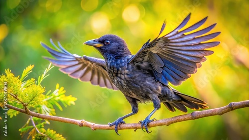 Baby Crow Fledgling First Flight, Bird Photography, Wildlife, Nature, Adorable Chick, Branch, Wings, Feathers, Spring, Summer