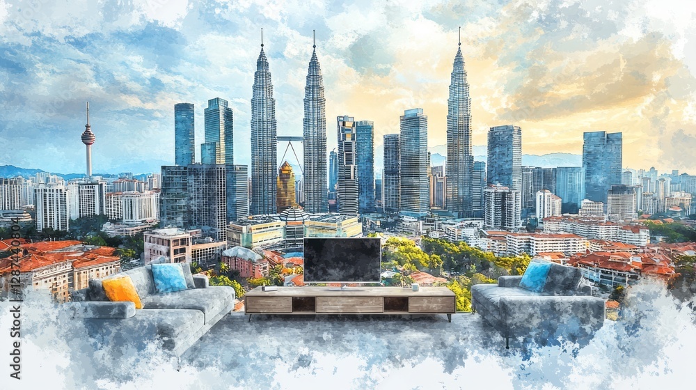 Fototapeta premium Living room overlooking the stunning kuala lumpur cityscape watercolor painting