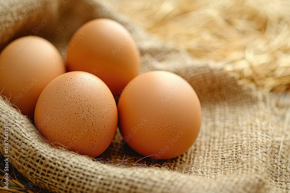 Fresh eggs in sackcloth on wooden table, closeup. Healthy food Fresh eggs in sackcloth on wooden table, closeup. Healthy food