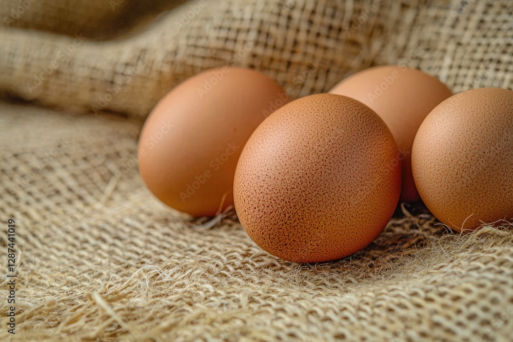 Fresh eggs in sackcloth on wooden table, closeup. Healthy food Fresh eggs in sackcloth on wooden table, closeup. Healthy food