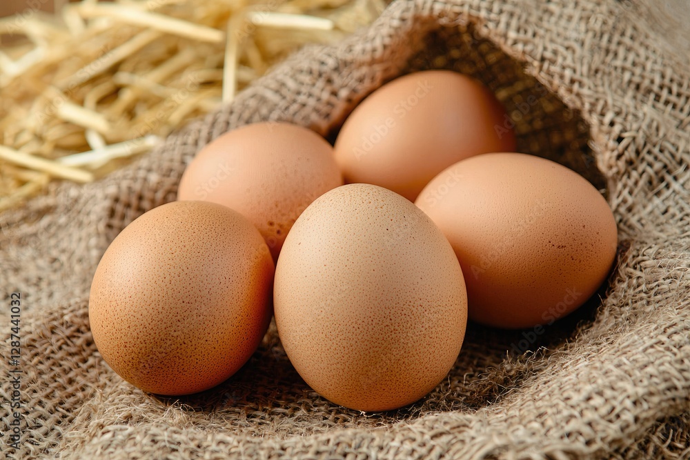 Fresh eggs in sackcloth on wooden table, closeup. Healthy food Fresh eggs in sackcloth on wooden table, closeup. Healthy food