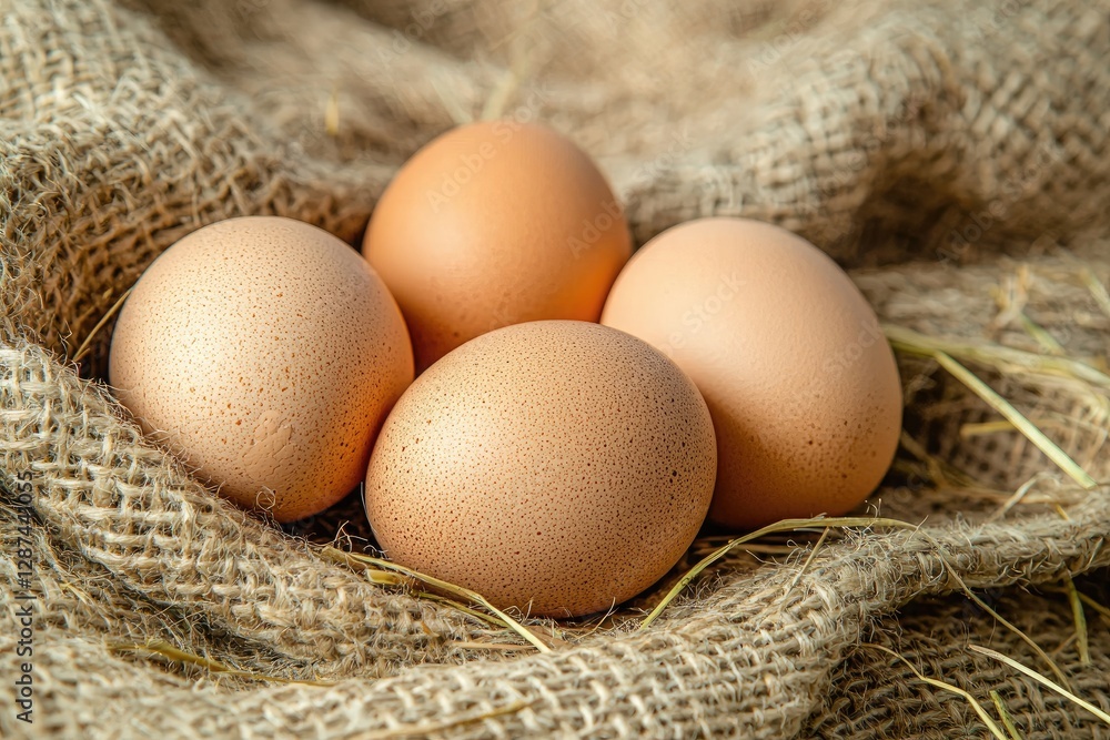 Fresh eggs in sackcloth on wooden table, closeup. Healthy food Fresh eggs in sackcloth on wooden table, closeup. Healthy food