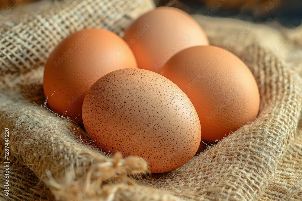 Fresh eggs in sackcloth on wooden table, closeup. Healthy food Fresh eggs in sackcloth on wooden table, closeup. Healthy food