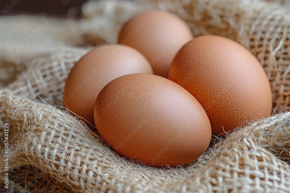 Fresh eggs in sackcloth on wooden table, closeup. Healthy food Fresh eggs in sackcloth on wooden table, closeup. Healthy food