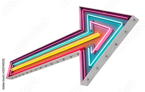 Neon arrow display urban street graphic design nighttime perspective isolated on transparent background photo