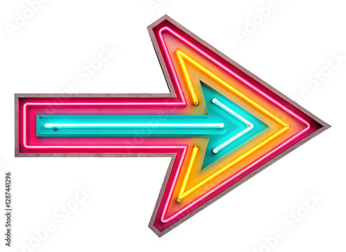 Dynamic neon arrow direction sign urban setting graphic design isolated on transparent background