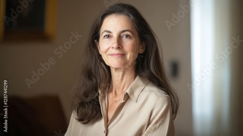 The atmosphere of the modern workplace. The light focused on her face and beige suit accentuated her facial expressions and outfit details  creating an atmosphere of professionalism and confidence.