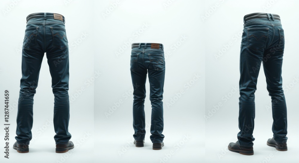 Three perspectives of dark wash denim pants and black leather shoes set against a bright white backdrop. Three perspectives of dark wash denim pants and black leather shoes set against a bright white backdrop.