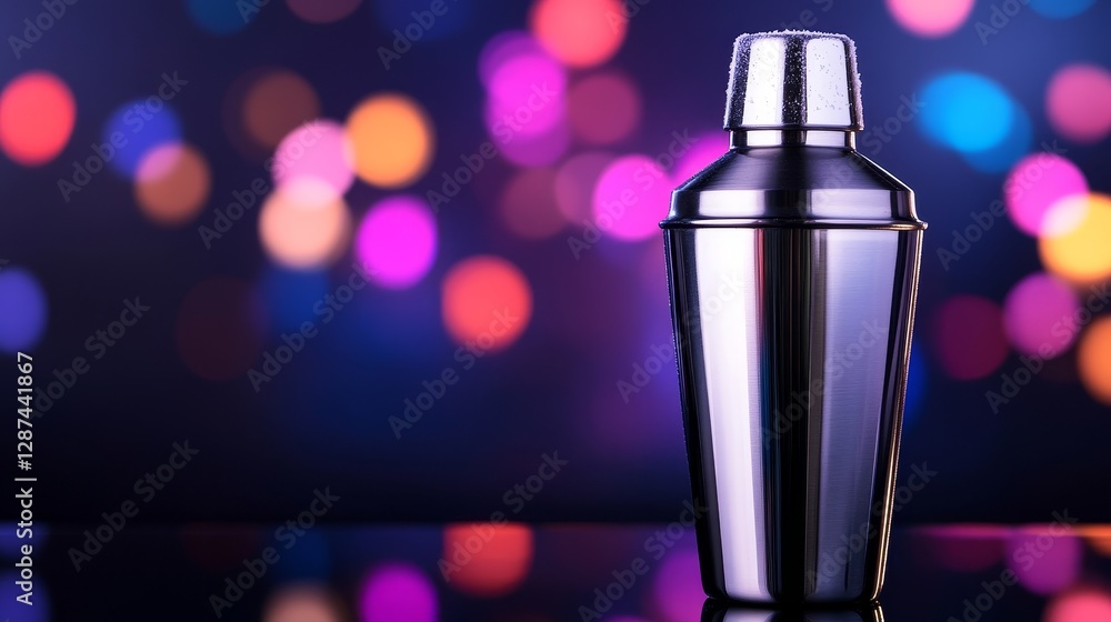 Metallic cocktail shaker on reflective surface with vibrant bokeh light in the background Metallic cocktail shaker on reflective surface with vibrant bokeh light in the background