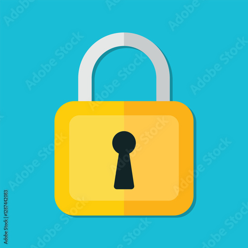 Flat padlock icon on blue background. Padlock closed vector illustration. Flat cartoon pad locks golden yellow design