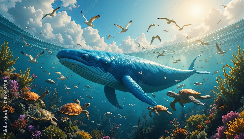 Obraz premium Underwater beauty blue whale & coral reef