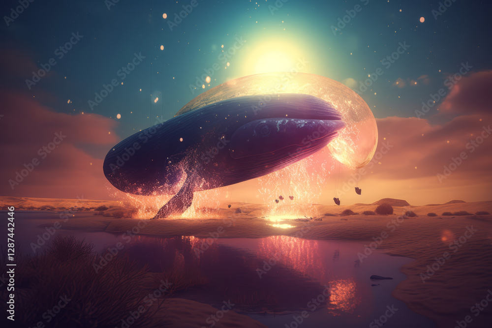 A fantastical image shows a whale emerging from a desert landscape, lit by a bright light. A fantastical image shows a whale emerging from a desert landscape, lit by a bright light.