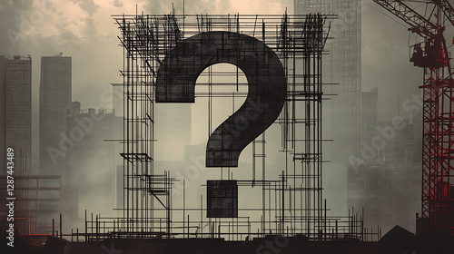 Pixelated Question Mark Constructed within Architectural Framework Above a Grunge Cityscape Against Smoky Gray Backdrop