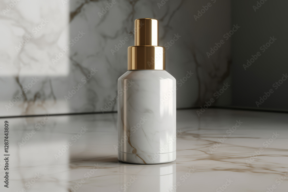 a sleek white and gold bottle on a marble surface a sleek white and gold bottle on a marble surface