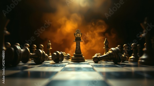 Chess showdown with fallen pieces surrounding a standing king under dramatic lighting. Strategy matters. photo