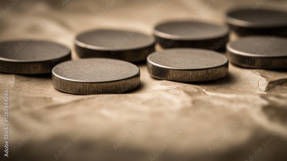 Close-up of metallic coins arranged on crumpled paper, showcasing texture and depth in warm lighting Close-up of metallic coins arranged on crumpled paper, showcasing texture and depth in warm lighting