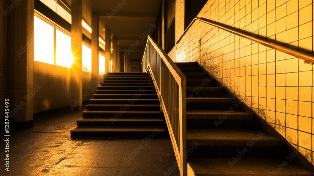 Obraz premium Sunlight streaming through windows illuminates empty stairwell in abandoned building, evoking nostalgia