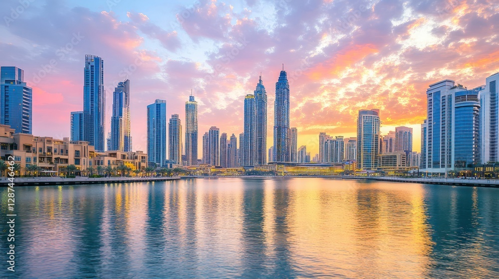 Fototapeta premium Sunset Skyline Cityscape Reflection