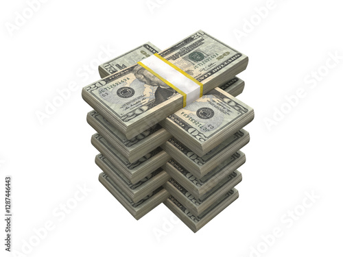 a stack of twenty dollar bills on a transparent background