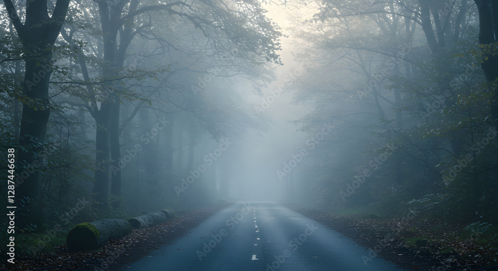 Obraz premium Misty Road Through Forest Trees with Foggy Weather Landscape