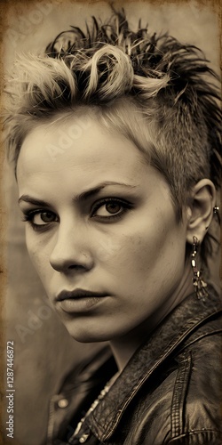 Grunge 1990s Punk Rock Woman Portrait in Urban Setting Vintage Sepia Style