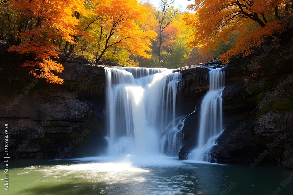 Obraz premium Autumn Waterfall Cascading Over Rocky Terrain, Scenic Nature Landscape