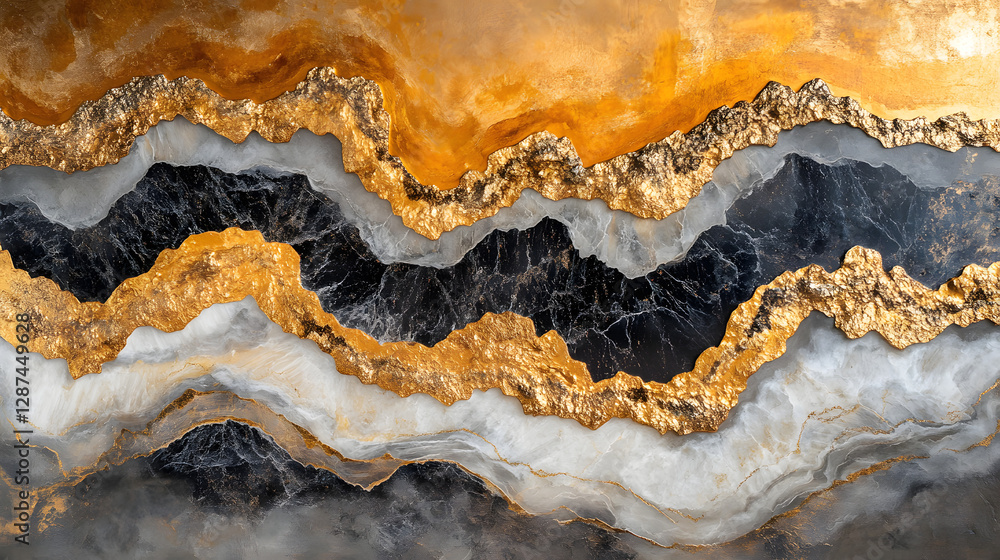 Fototapeta premium Painting of a mountain range featuring gold and black pattern on canvas