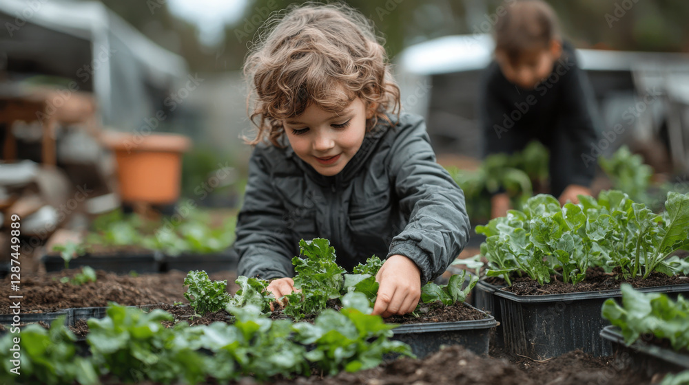 custom made wallpaper toronto digitalchild joyfully planting vegetables in school garden, surrounded by lush greenery and soil. scene captures essence of learning and nurturing nature