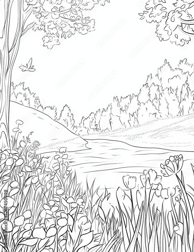 Obraz premium Coloring page for kids featuring serene landscape with flowers and trees