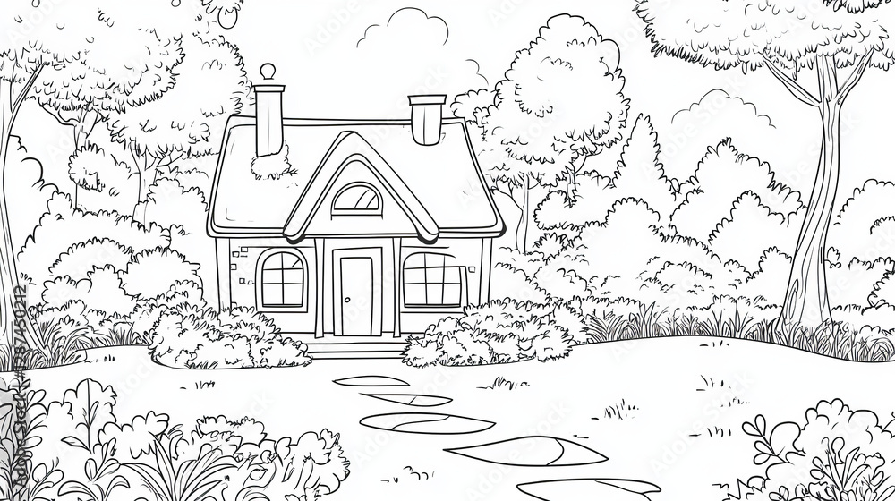 Obraz premium charming coloring page featuring cozy house surrounded by trees and bushes, perfect for kids