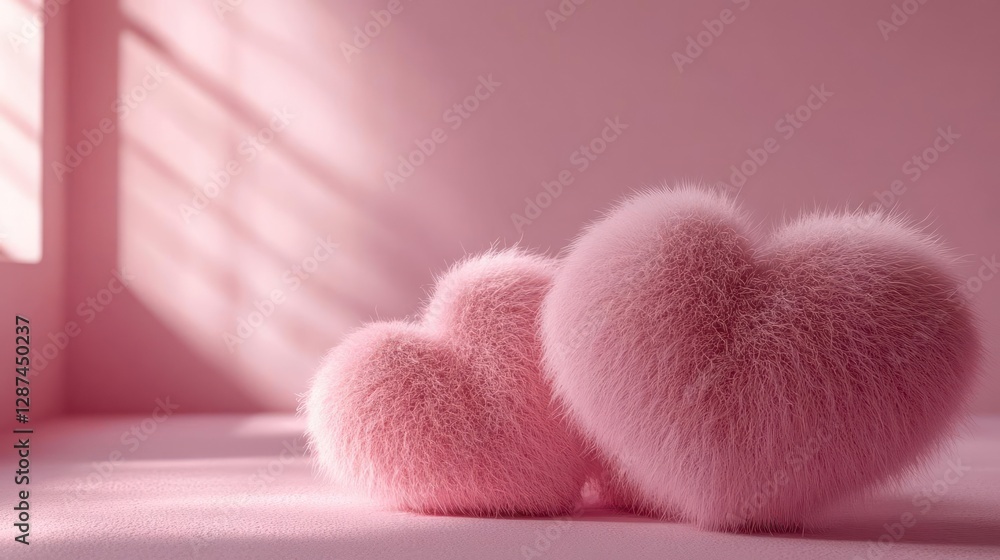 Two fluffy pink heart objects on a pink surface