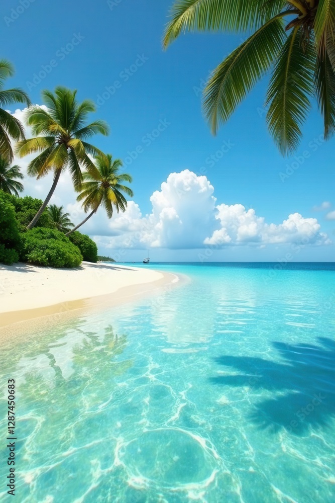 Obraz premium Crystal-clear water reflects vibrant sky, soft sand meets swaying palms , turquoise, tropical climate