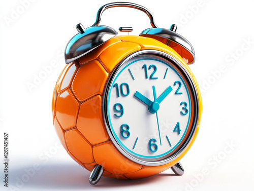 Vibrant Orange Alarm Clock Shaped Like a Soccer Ball on a Bright Background