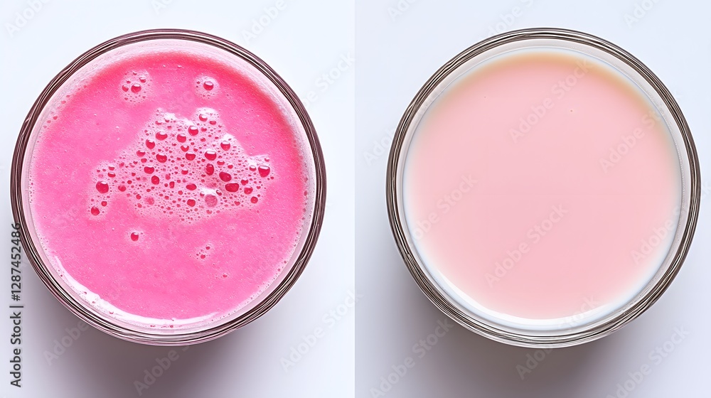 Two Bowls Of Pink Drinks With Different Textures And Bubbles Two Bowls Of Pink Drinks With Different Textures And Bubbles