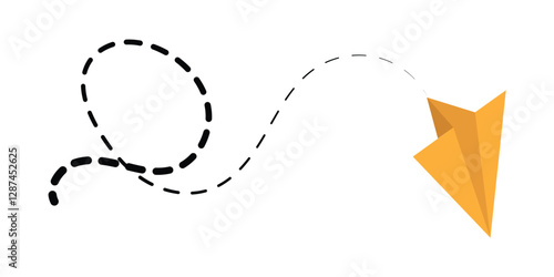 Paper plane with dotted line. Travel symbol. Origami paper airplane, isolated vector illustration.  Outline flying planes with dotted track direction. Black linear paper plane icon in eps 10.