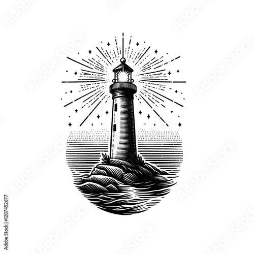A small tattoo of a lighthouse shining light in the dark. sketch engraving, white background.