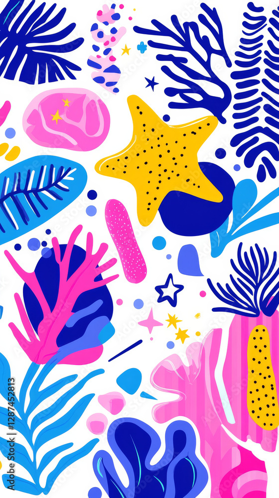 Colorful abstract shapes with starfish and marine elements on light background Colorful abstract shapes with starfish and marine elements on light background