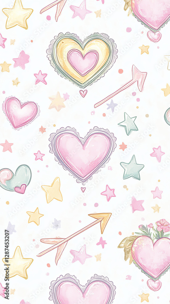 Cute hearts and stars pattern with pastel colors and playful elements Cute hearts and stars pattern with pastel colors and playful elements