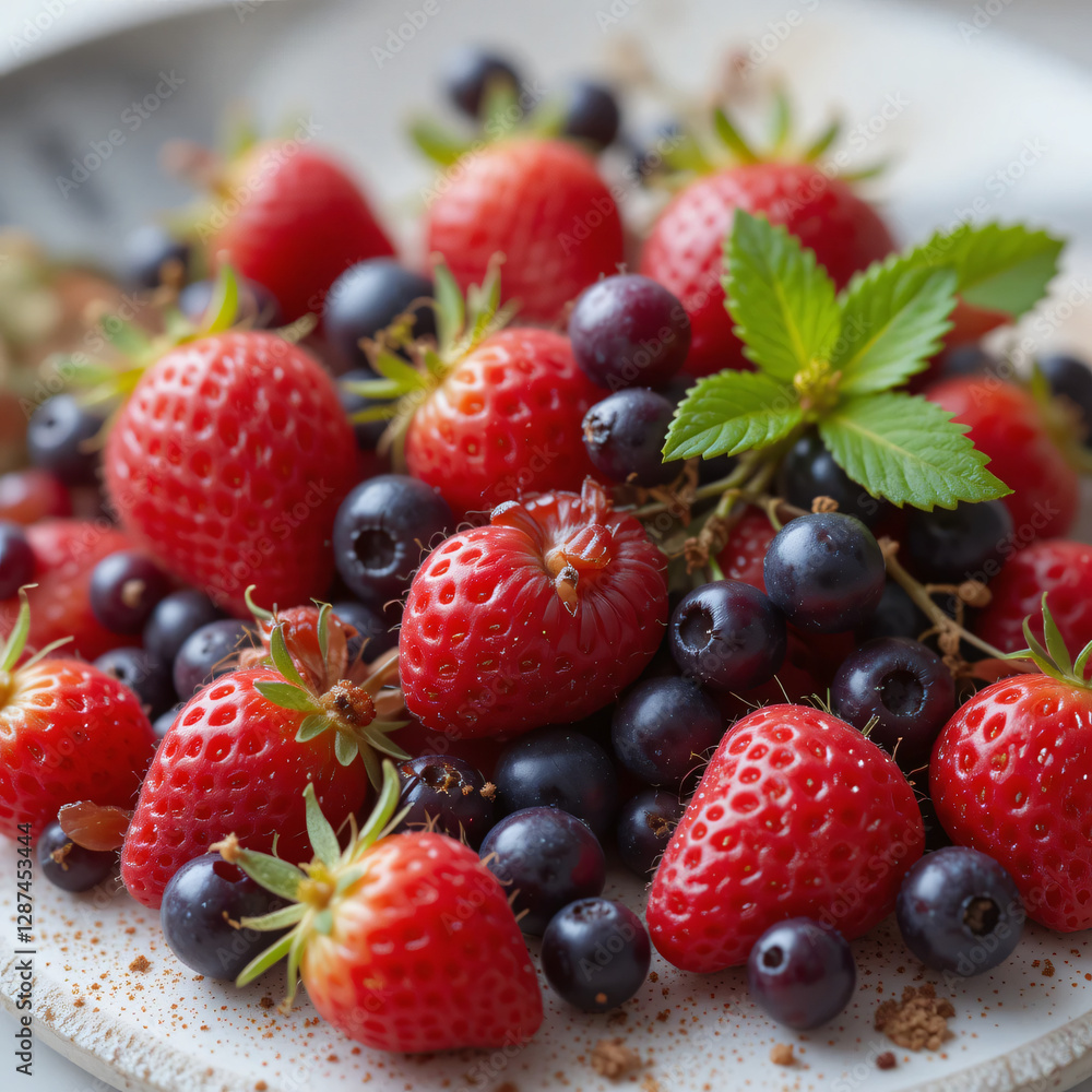 Fresh Strawberries and Blueberries with Mint Leaves on a Plate Fresh Strawberries and Blueberries with Mint Leaves on a Plate