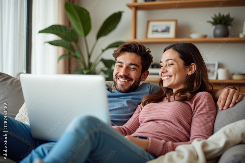 Happy Young Couple Together Enjoying Relaxing Time at Home While Using Laptop on Couch Surrounded by Indoor Plants and Cozy Decor Happy Young Couple Together Enjoying Relaxing Time at Home While Using Laptop on Couch Surrounded by Indoor Plants and Cozy Decor