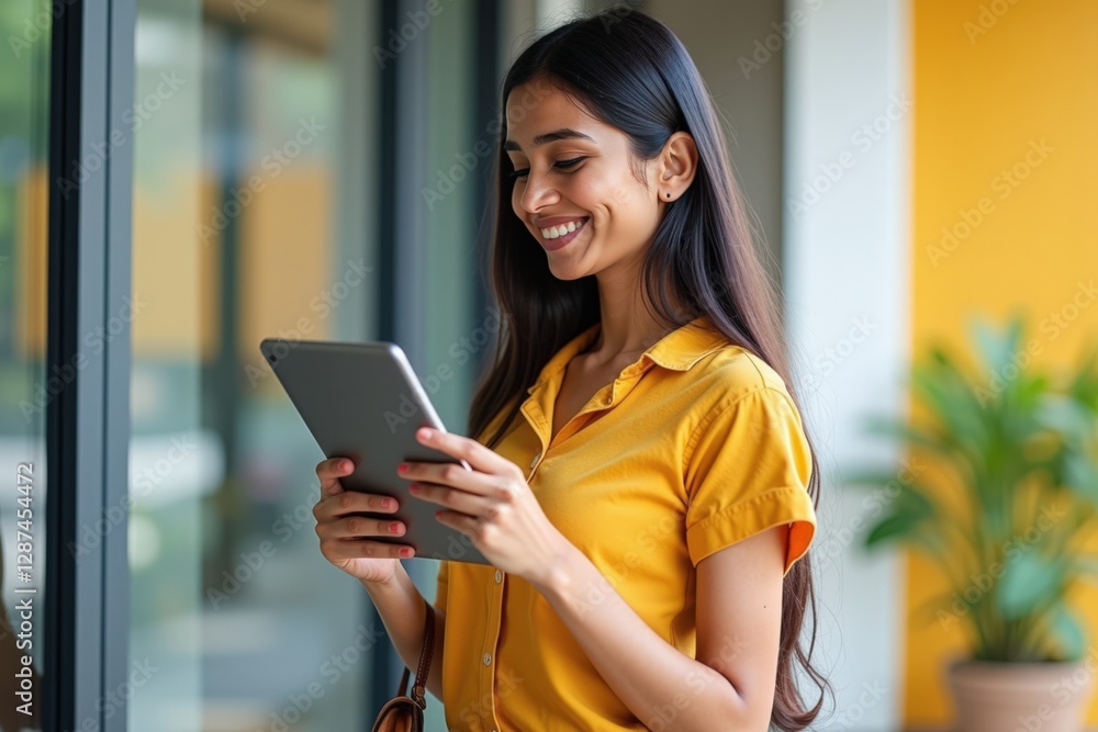 Fototapeta premium Young South Asian Woman with Long Hair in Yellow Shirt Using Tablet and Smiling Indoors Near Large Windows Surrounded by Green Plants in Modern Office