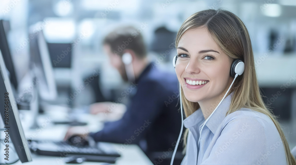 Smiling customer rep in office wears earphones, talks to customers. Shows positive work culture. Smiling customer rep in office wears earphones, talks to customers. Shows positive work culture.